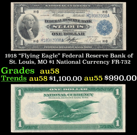 1918 $1 National Currency "Flying Eagle" Federal Reserve Bank of St. Louis, MO Grades Choice AU/BU S