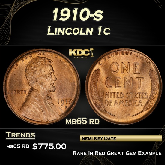 1910-s Lincoln Cent 1c Grades ms65 rd