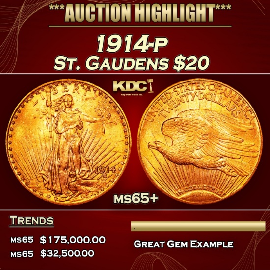 1914-p Gold St. Gaudens Double Eagle $20 ms65+ SEGS