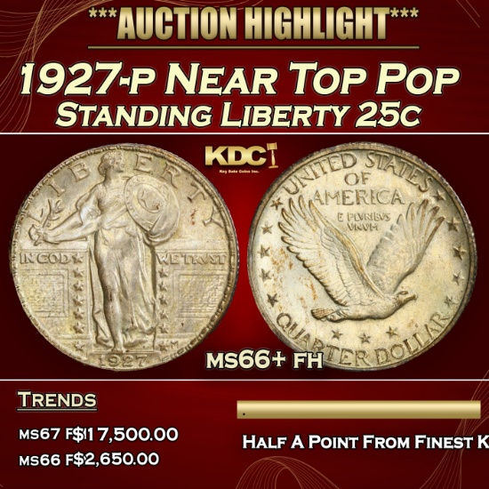 1927-p Standing Liberty Quarter Near Top Pop 25c ms66+ fh SEGS