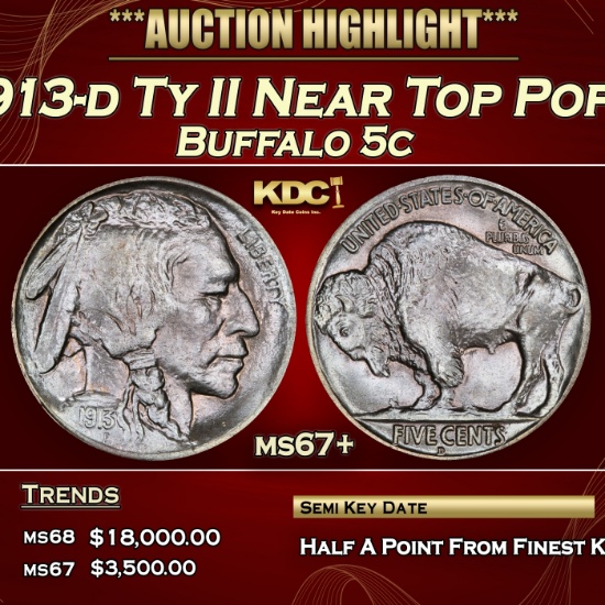 1913-d Ty II Buffalo Nickel Near Top Pop! 5c ms67+ SEGS