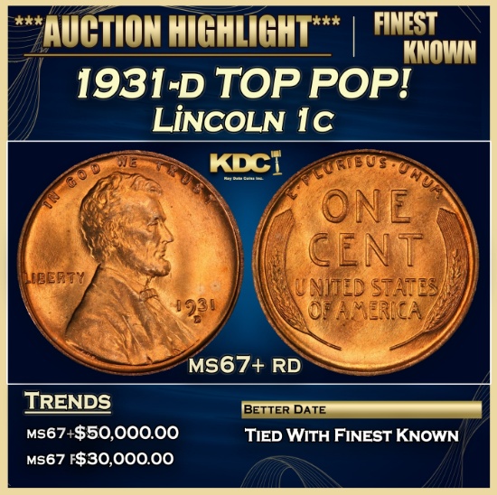 1931-d Lincoln Cent TOP POP! 1c ms67+ rd SEGS