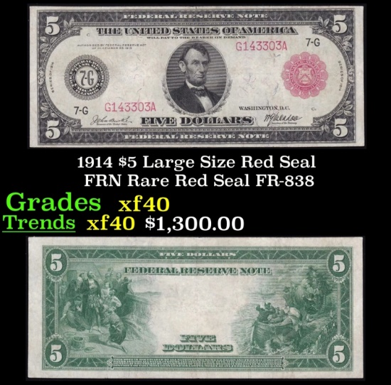 1914 $5 Large Size Red Seal FRN Rare Red Seal Grades xf FR-838