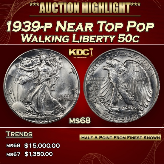 1939-p Walking Liberty Half Dollar Near Top Pop 50c ms68 SEGS