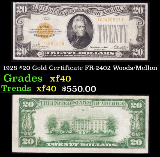 1928 $20 Gold Certificate FR-2402 Woods/Mellon Grades xf