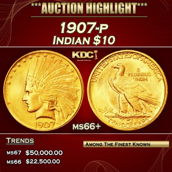 1907-p Gold Indian Eagle $10 ms66+ SEGS
