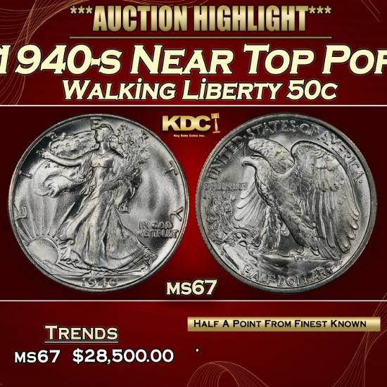 1940-s Walking Liberty Half Dollar Near Top Pop 50c ms67 SEGS