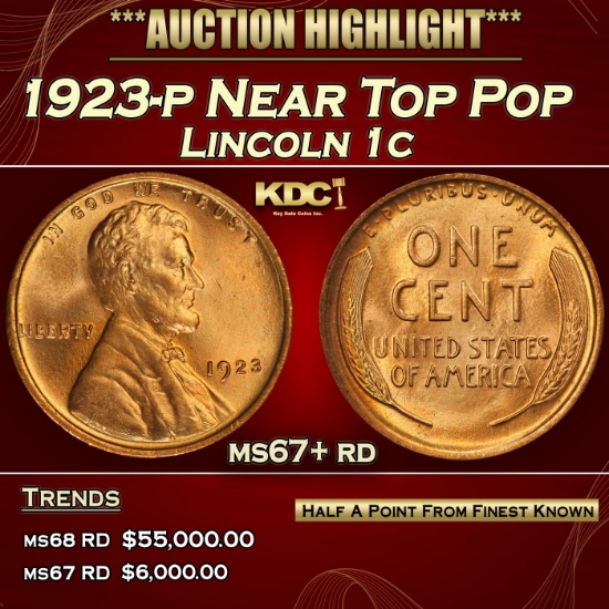 1923-p Lincoln Cent Near Top Pop 1c ms67+ rd SEGS