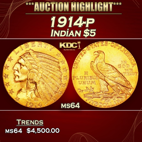1914-p Gold Indian Half Eagle $5 ms64 USCG
