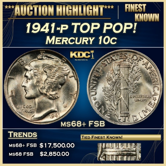 1941-p Mercury Dime TOP POP! 10c ms68+ FSB SEGS