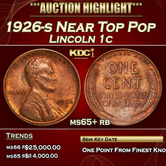 1926-s Lincoln Cent Near Top Pop 1c ms65+ rb SEGS
