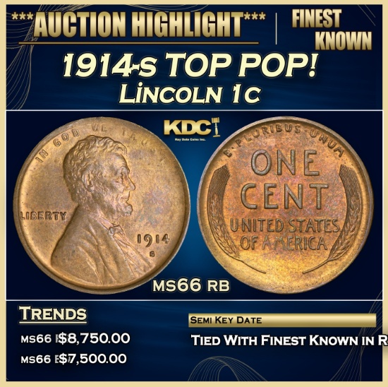 1914-s Lincoln Cent TOP POP! 1c ms66 rb SEGS