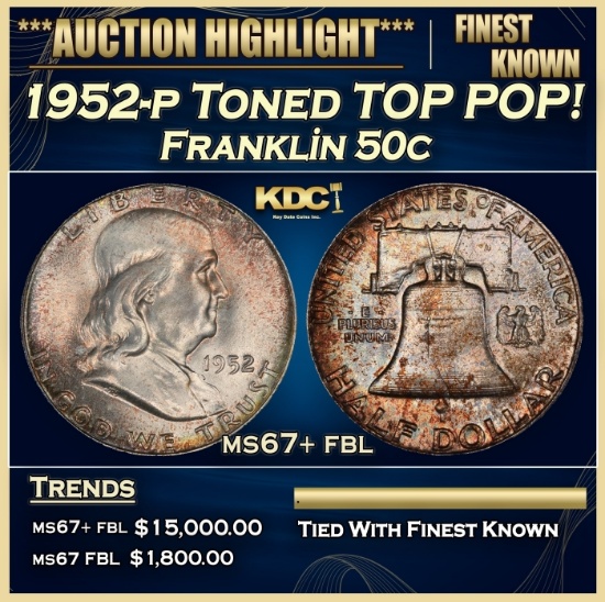 1952-p Franklin Half Dollar Toned TOP POP! 50c ms67+ fbl SEGS