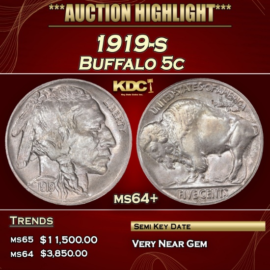 1919-s Buffalo Nickel 5c ms64+ SEGS