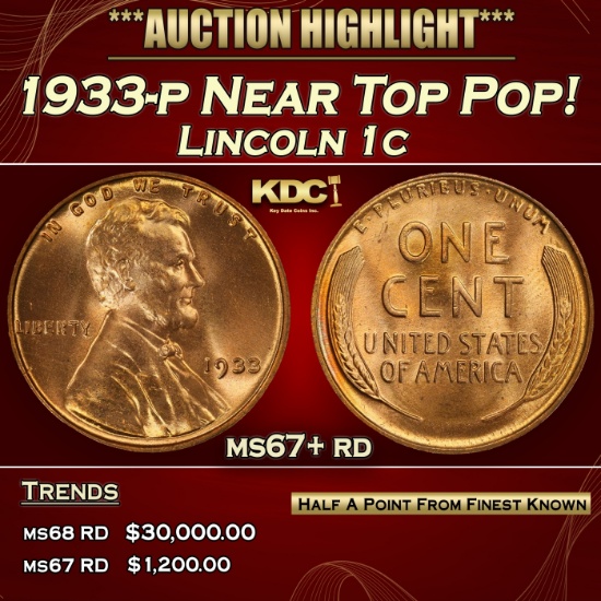 1933-p Lincoln Cent Near Top Pop! 1c ms67+ rd SEGS