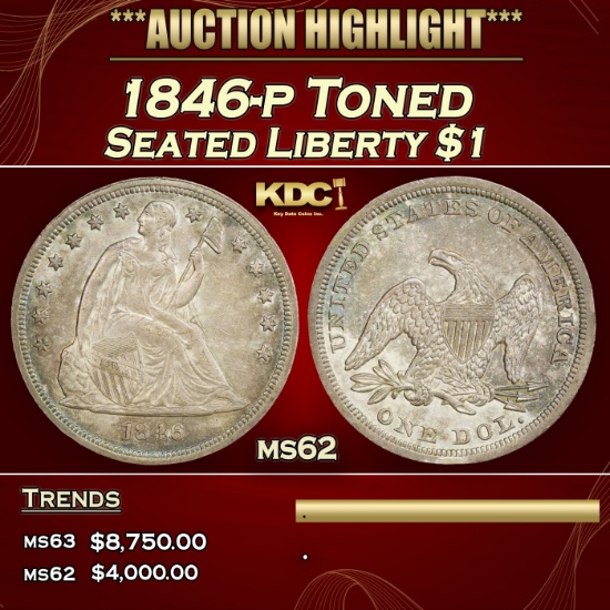 1846-p Seated Liberty Dollar Toned $1 ms62 USCG
