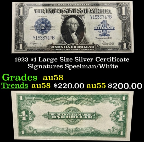 1923 $1 large size Silver Certificate Grades Choice AU/BU Slider Signatures Speelman/White