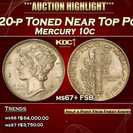 1920-p Mercury Dime Toned Near Top Pop 10c ms67+ FSB SEGS