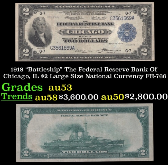 1918 $2 Large Size National Currency "Battleship" The Federal Reserve Bank Of Chicago, IL Grades Sel