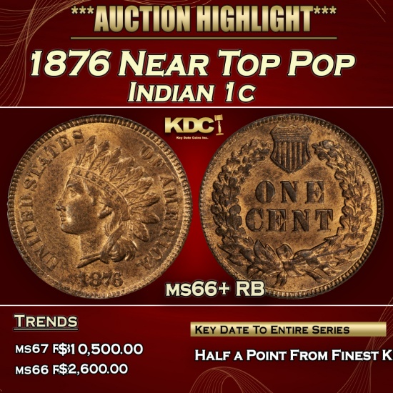 1876 Indian Cent Near Top Pop 1c ms66+ RB SEGS