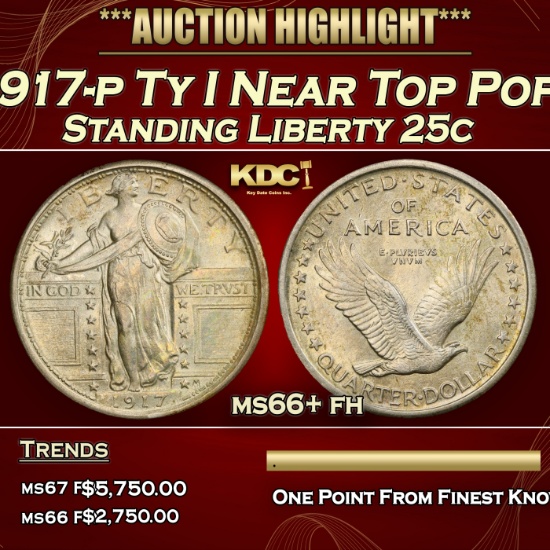1917-p Ty I Standing Liberty Quarter Near Top Pop 25c ms66+ fh SEGS