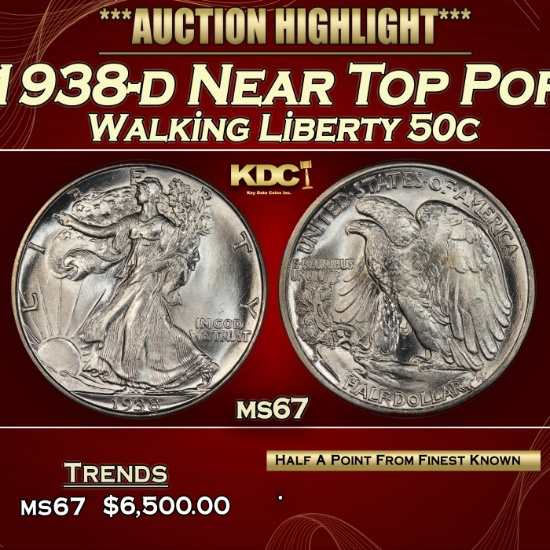 1938-d Walking Liberty Half Dollar Near Top Pop 50c ms67 SEGS