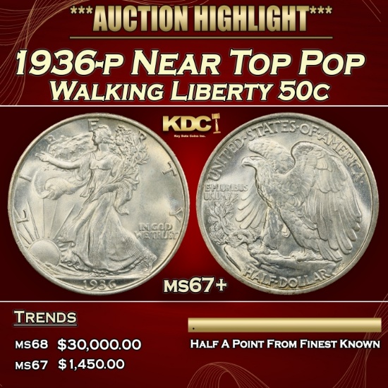 1936-p Walking Liberty Half Dollar Near Top Pop 50c ms67+ SEGS