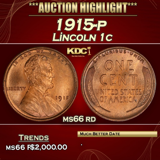 1915-p Lincoln Cent 1c ms66 rd SEGS