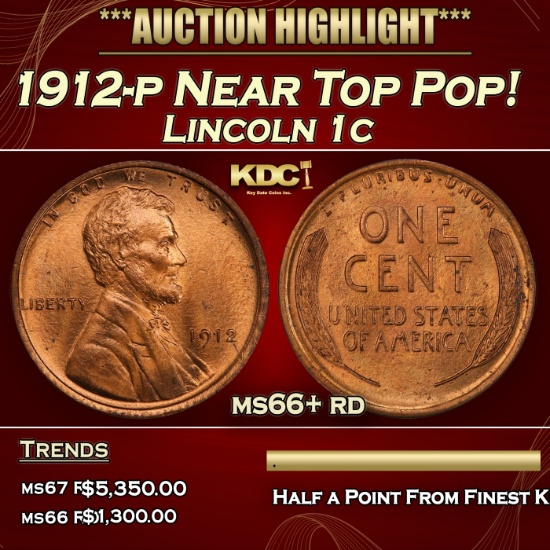 1912-p Lincoln Cent Near Top Pop! 1c ms66+ rd SEGS
