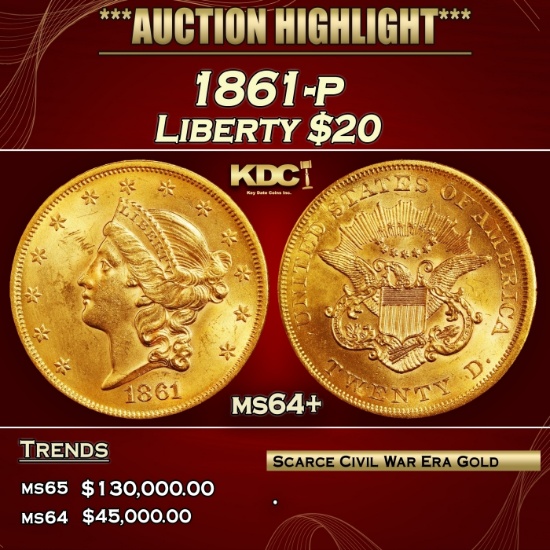 1861-p Gold Liberty Double Eagle $20 ms64+ SEGS