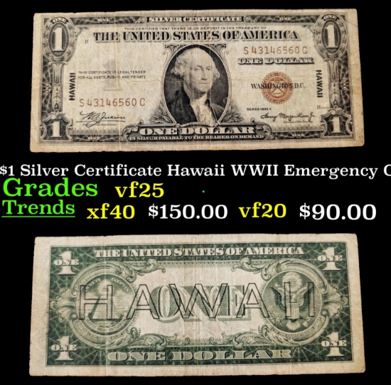 1935A $1 Silver Certificate Hawaii WWII Emergency Currency Grades vf+