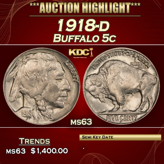 1918-d Buffalo Nickel 5c ms63 USCG