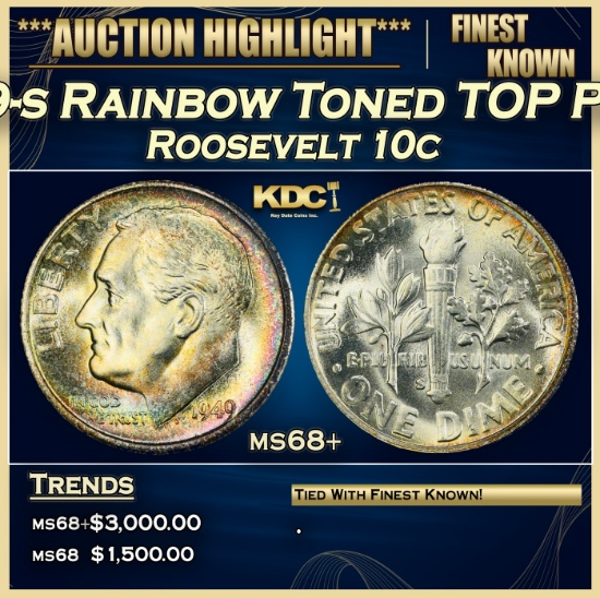 1949-s Roosevelt Dime Rainbow Toned TOP POP! 10c ms68+ SEGS