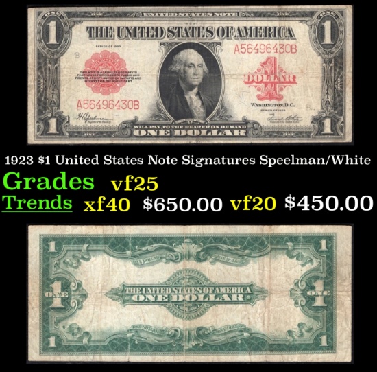 1923 $1 United States Note Grades vf+ Signatures Speelman/White