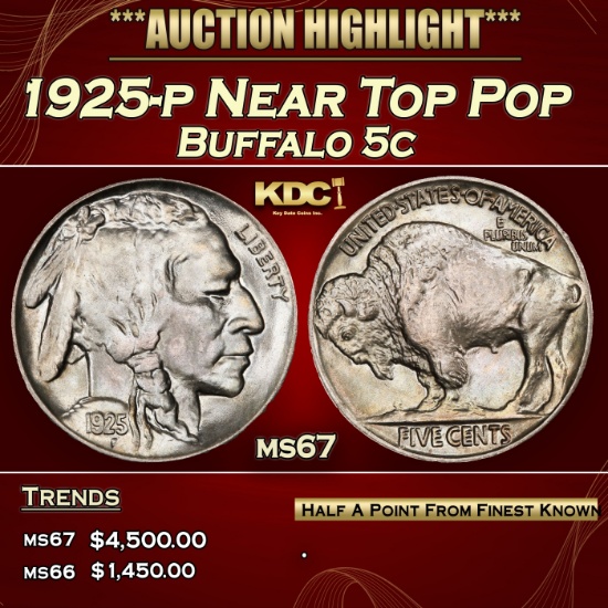 1925-p Buffalo Nickel Near Top Pop 5c ms67 SEGS