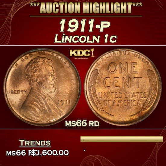1911-p Lincoln Cent 1c ms66 rd SEGS