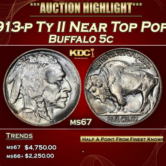 1913-p Ty II Buffalo Nickel Near Top Pop! 5c ms67 SEGS