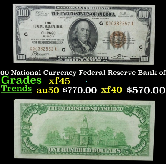 1929 $100 National Currency Federal Reserve Bank of Chicago Grades xf+