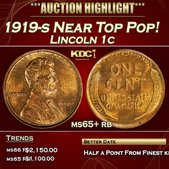 1919-s Lincoln Cent Near Top Pop! 1c ms65+ rb SEGS