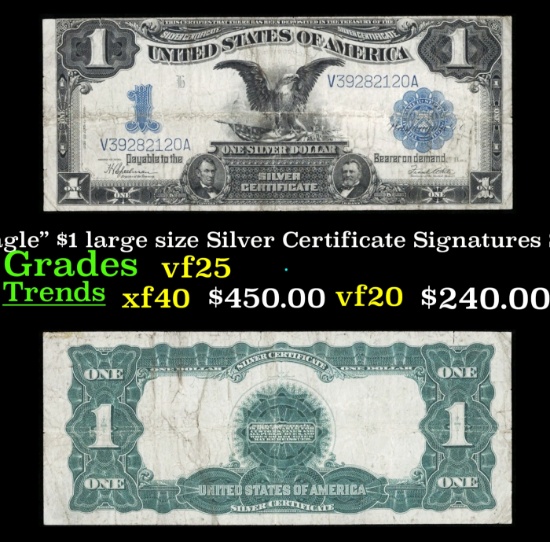 1899 $1 large size Silver Certificate "Black Eagle" Grades vf+ Signatures Speelman/White