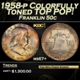 1958-p Franklin Half Dollar Colorfully Toned TOP POP! 50c ms67+ SEGS