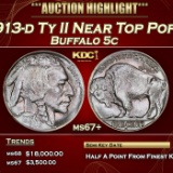 1913-d Ty II Buffalo Nickel Near Top Pop! 5c ms67+ SEGS