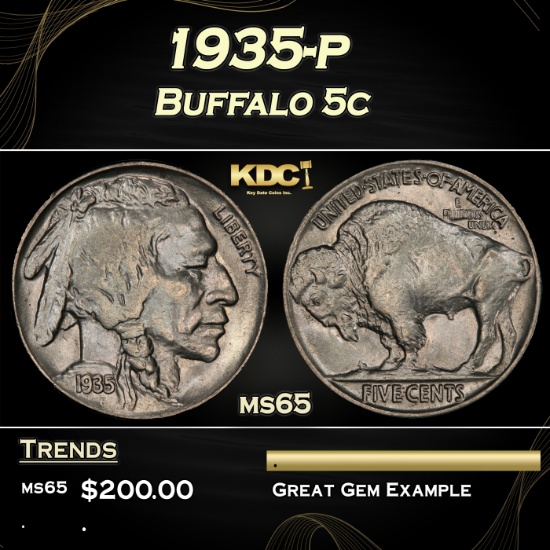 1935-p Buffalo Nickel 5c Grades ms65