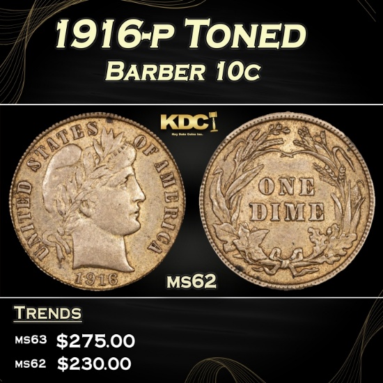 1916-p Barber Dime Toned 10c Grades ms62