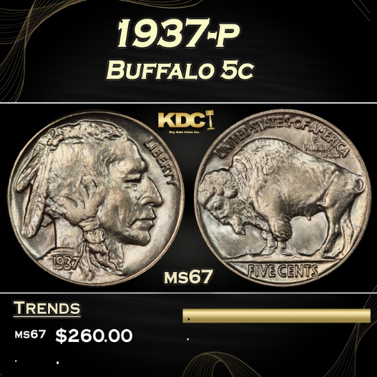 1937-p Buffalo Nickel 5c ms67 SEGS
