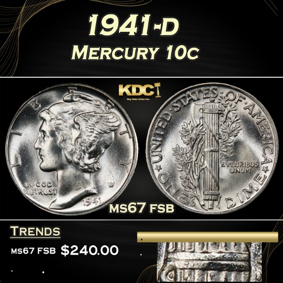 1941-d Mercury Dime 10c ms67 fsb SEGS