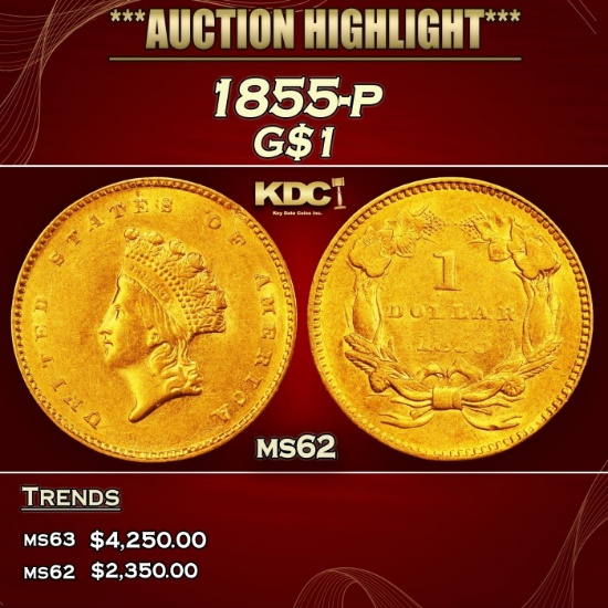1855-p Gold Dollar $1 ms62 USCG