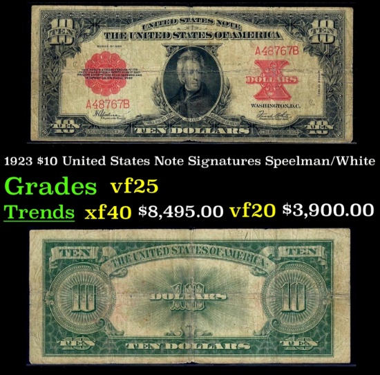 1923 $10 United States Note Grades vf+ Signatures Speelman/White