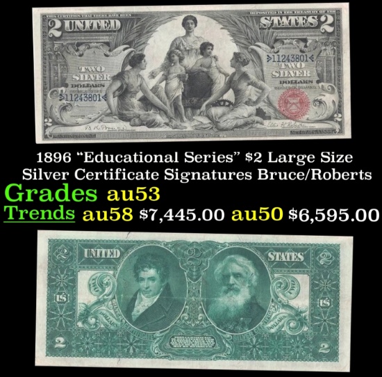 1896 $2 Large Size Silver Certificate "Educational Series" Grades Select AU Signatures Bruce/Roberts