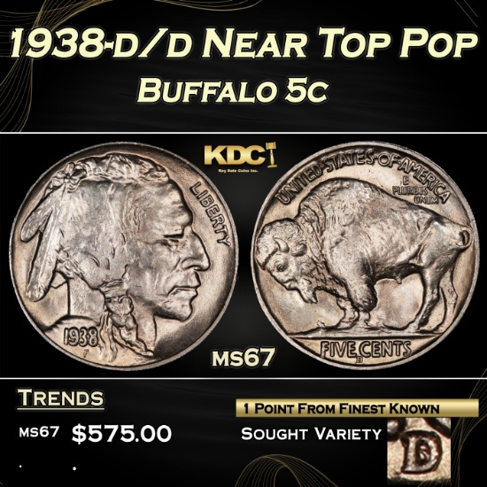 1938-d/d Buffalo Nickel Near Top Pop 5c ms67 SEGS